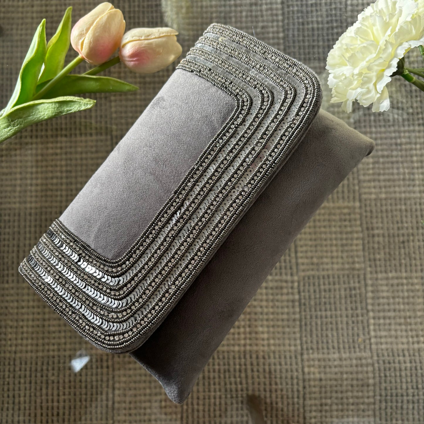 Falak Embellished Clutch - Grey