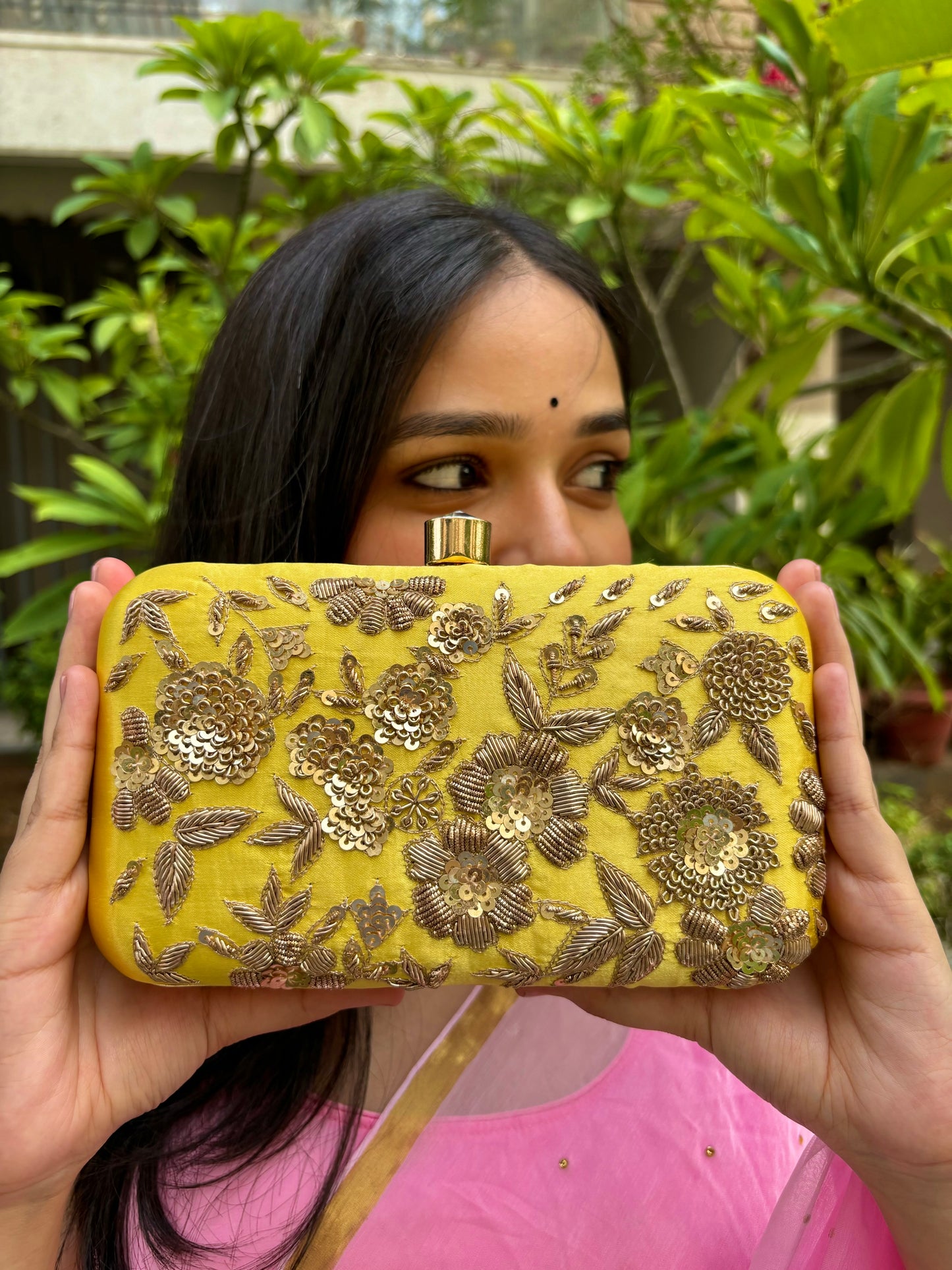 Mamta Zardozi Clutch - Lemon Yellow