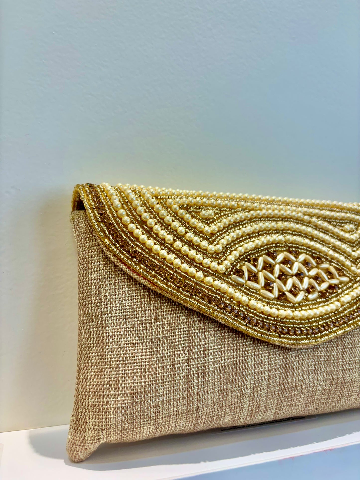 Zoya Jute Beaded Clutch - Golden