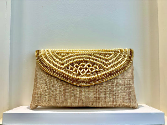 Zoya Jute Beaded Clutch - Golden